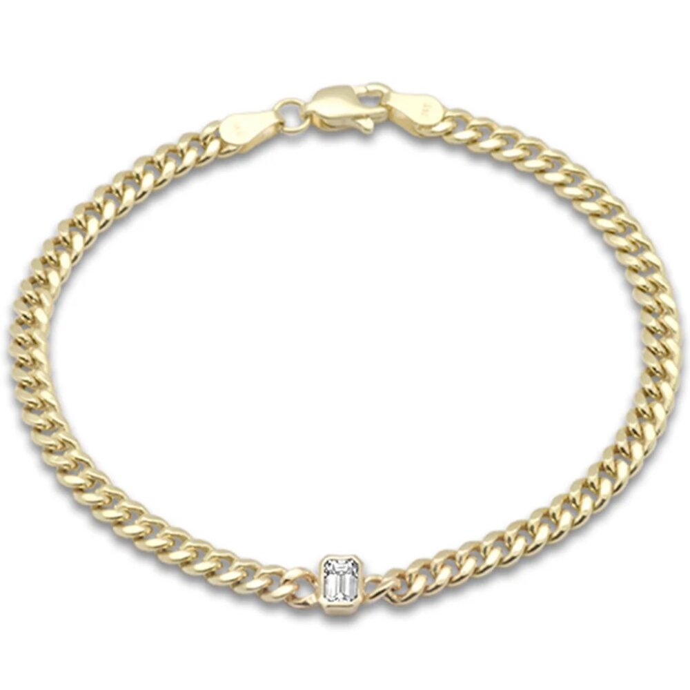 .30ct G SI 14K Yellow Gold Emerald Cut Diamond Cuban Bracelet 7" Long